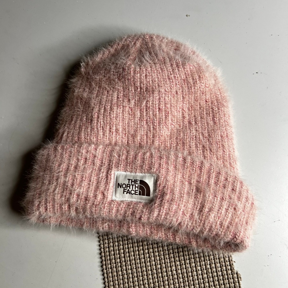 The North Face Womens Pink Eyelash Knit Beanie Fuzzy Sherpa Lined Cuffed Hat OS